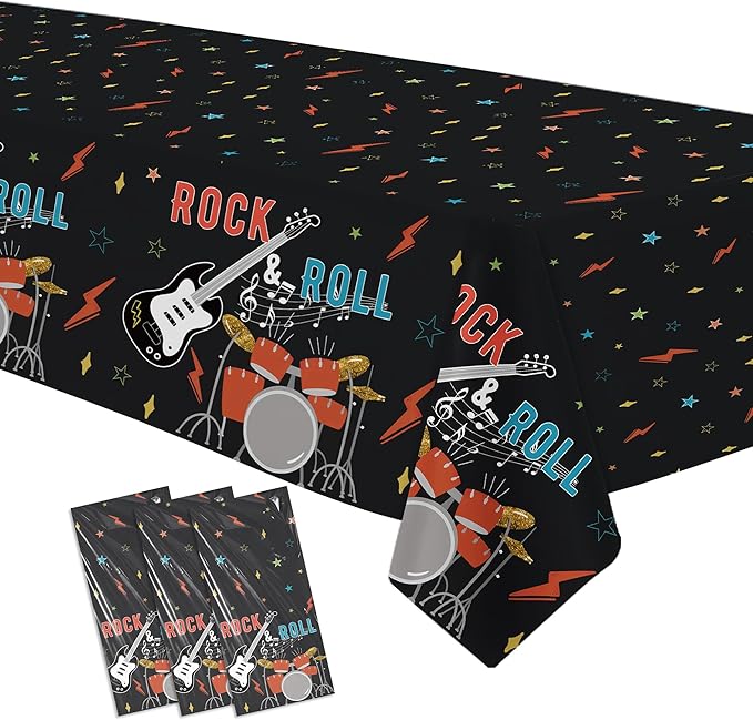 Rock and Roll Party Decorations Tablecloth, 3pcs Disposable Rockstar Music Guitar Theme Rock n Roll Party Supplies Tablecover for Birthday Baby Shower, 86in x 55in