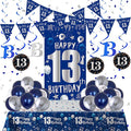 13th Birthday Decorations for Boys Girls, Blue Silver 13th Birthday Decorations Backdrop with Happy 13th Birthday Banner, Number 13 Hanging Swirls, Triangle Flag, 13 Years Old Birthday Party Supplies