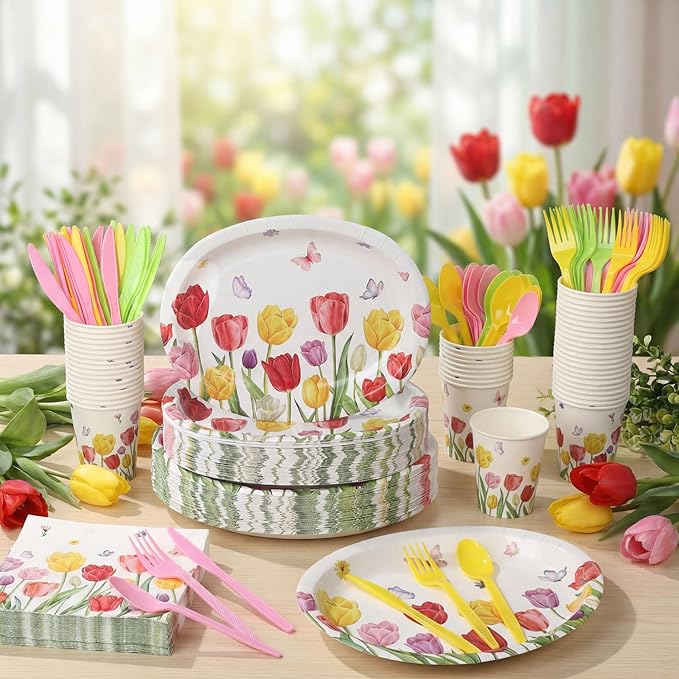 Havawish 350 Pcs Spring Floral Party Supplies Tulip Disposable Tableware Set Wild Flowers Butterflies Oval Paper Plates Cups Napkins Fork Knife Spoon Dinnerware for 50 Guests Spring Table Decorations