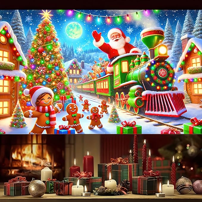 Santa Claus Train Backdrop 71x43 Inches Gingerbread Christmas Scene Banner Holiday Party Photo Background Indoor Outdoor Merry Christmas Wall Decoration for Photography