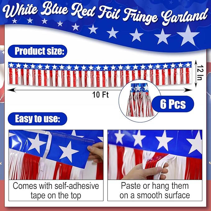 6 Pack 10 Feet Foil Fringe Garland Metallic Tinsel Streamers Banner Wall Hanging Backdrop Banner for Parade Floats, Thanksgiving, Christmas, Birthday, Halloween Party Decorations White red Blue