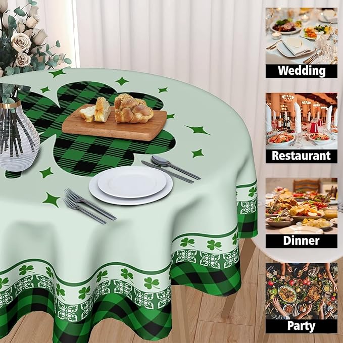 St Patricks Tablecloth Round 60 Inch Green Shamrock Tablecloth Buffalo Plaid Clover Table Cloth Farmhouse St Patrick's Day Tablecloth for Kitchen Holiday Picnic Party Dinner Room Outdoor Decor