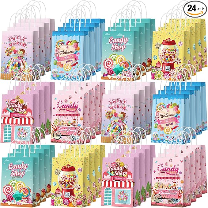 24 Pcs Candy Sweet Land Goodie Bags with Handles Lollipop Gift Bags Candy Party Favors Sweet Shop Theme Treat Boxes for School Birthday Wedding Baby Shower Party Decor