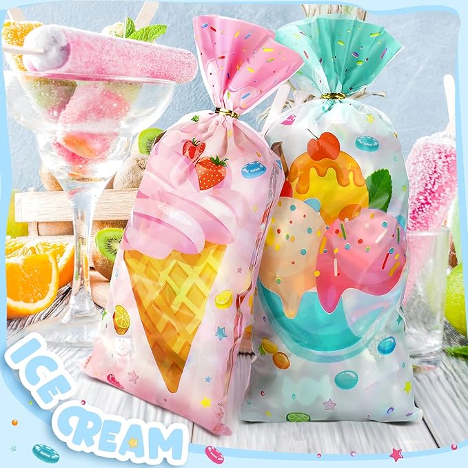 Eaasty 120 Pieces Ice Cream Party Favor Bags, 5 x 11 Inch Four Ever Sweet Goodie Bags with Twist Ties Goodie Cello Wrapping for Ice Cream Theme Party, Baby Shower, Weddings, Valentines