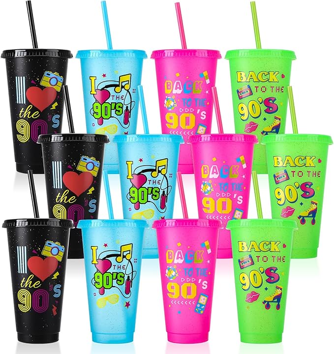 12 Pcs 90s Party Cups with Lids and Straws, 24OZ 90s Theme Party Decorations Drinking Cups Bulk for Retro Music Party Supplies Throwback Dance Birthday Party Supplies
