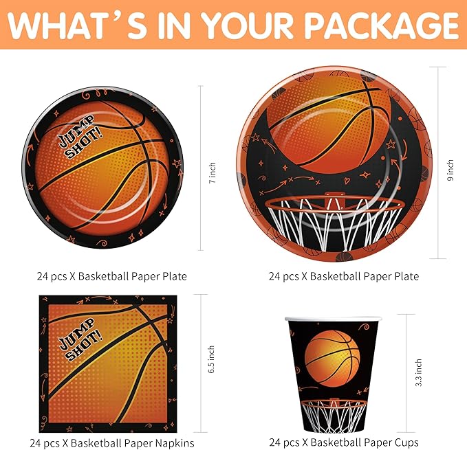 Basketball Party Decorations Tableware - Sports Theme Basketball Birthday Party Supplies, Paper Plate, Cup, Napkin, Tablecloth, Disposable Cutlery, Banner | Serves 24
