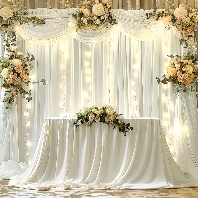 10 x 10ft Ivory Backdrop Curtains with Lights String for Wedding Photo Backdrop Drapes Wrinkle Free Polyester Curtains Backdrop for Baby Shower Birthday Parties Reception Ceremony - 5 x 10ft 2 Panels