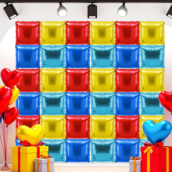 36 Pcs Gold Ring Birthday Decorations Balloons Brick Square Foil Balloon Wall Backdrop Arch Kit Double Sided Metallic for Cartoon Video Game Party Supplies(Red Yellow Blue)