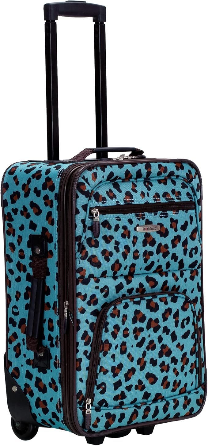 Rockland Fashion Softside 4 Piece Luggage Set, Expandable, (14" Tote/19"/24"/28"), Blue Leopard
