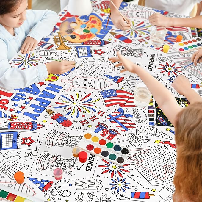 Gatherfun 4th of July Patriotic Party Supplies Color-in Disposable Paper Tablecloth | 54x88 in Independence Day Party Decorations Set for American Flag-Themed, School & Special Events