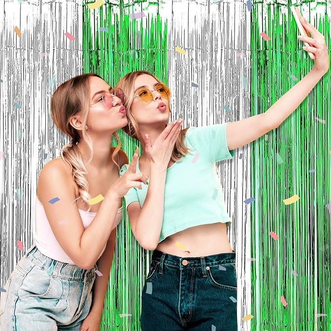 3 Pack Silver Green Foil Fringe Curtain Backdrop, 3.28Ft x 6.6Ft Metallic Tinsel Foil Fringe Streamer Curtains for Photo Booth, Christmas Day, Thanksgiving, Wedding, New Year Party Decorations