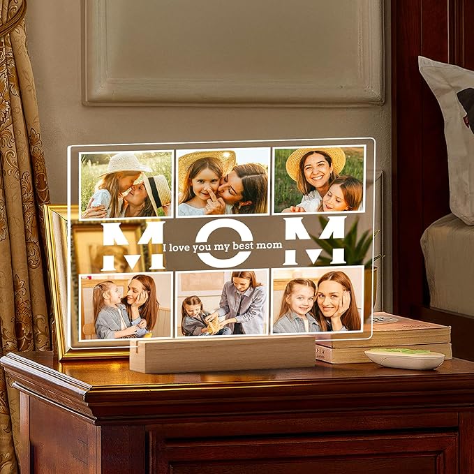 Custom Picture Frames with Photo, Personalized Photo Frame with Night Light, Customized Picture Frames, Customized Birthday Gifts for Mom, Personalized Mothers Day Gifts for Mom Baby Kid Family