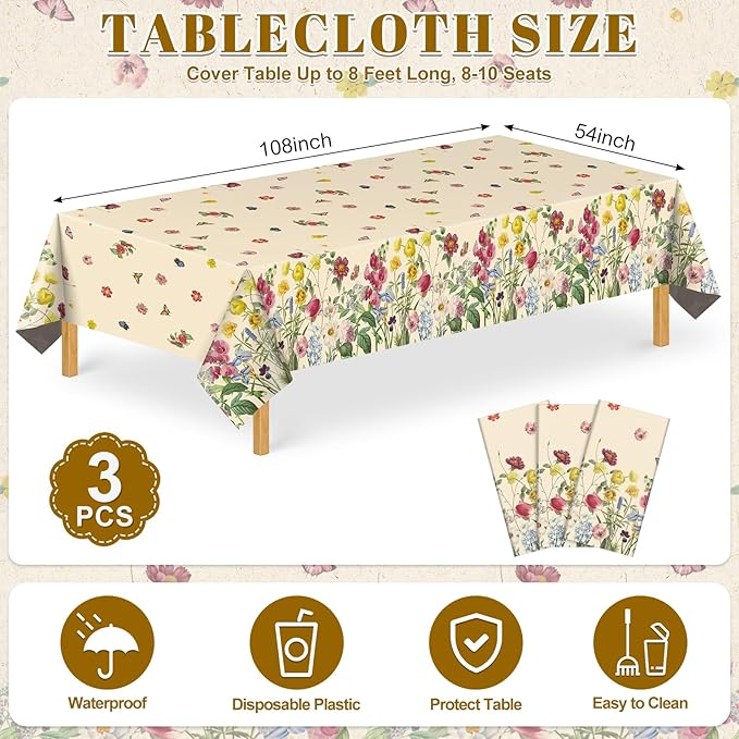 3 Pack Spring Floral Plastic Tablecloths, 54×108Inch Tea Party Tablecloth Rectangle Vintage Table Cloth Butterfly Wildflower Porcelain Table Decor for Easter Mother's Day Birthday Garden Wedding