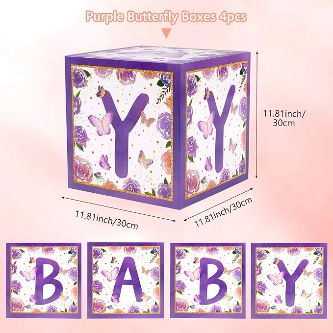 Baby Boxes with Letters for Baby Shower, 4pcs Butterfly Balloon Boxes with Letters for Gender Reveal Birthday Wedding Baby Shower Decorations(Purple)