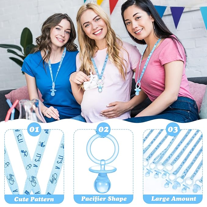 Coume 36 Pcs Shower Party Pacifiers Necklace Acrylic Pacifiers Charm Necklace for Shower Party Decorations Gender Reveal Table Scatter(Blue)