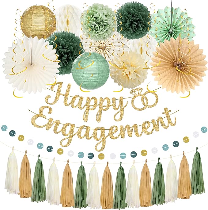 Roetyce Engagement Party Decorations, Green and Gold Glitter Happy Engagement Banner, Almost Married/Just Engaged Photo Background, Sage Green Congratulations Wedding Bachelorette Backdrop Decor