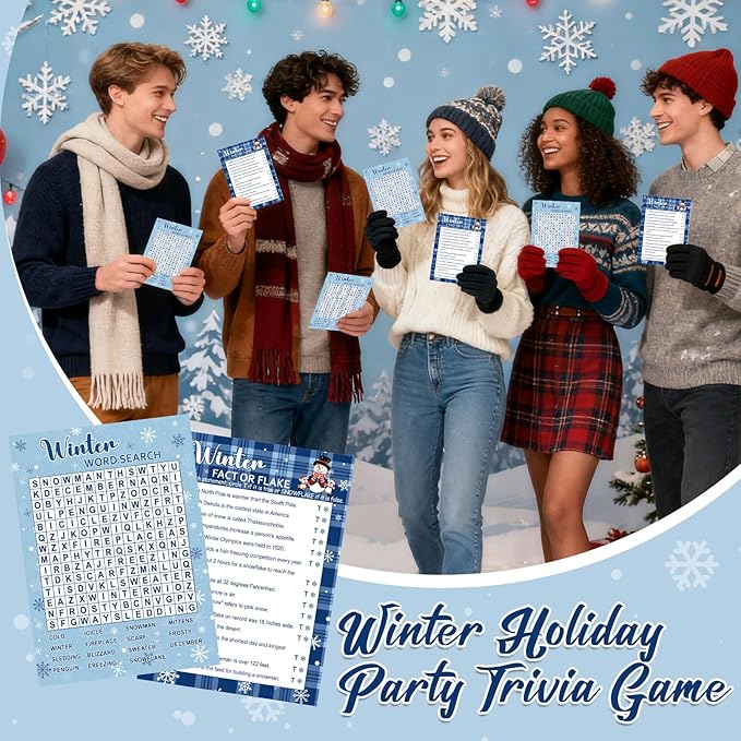 COCHIE 30 Players Winter Holiday Christmas Party Games for Adults Family Office Large Groups, Word Search Game, Guesstures Game, Fact or Flake Games with Answer Key (Winter Search)