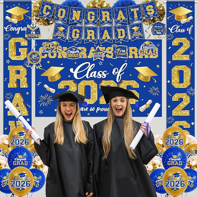 2026 Graduation Decorations - Blue Gold Congrats Grad Party Supplies include Card Box, Backdrop, Banner and Balloons for Class of 2026 Decorations Set