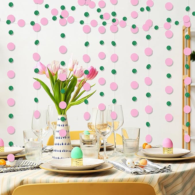 Outus 5 Pieces Pink,Green Round Dots Garland Easter Graduation Party Hanging Decor Each Length 13.1ft Glitter Paper Dot Streamers for Birthday Wedding Classroom