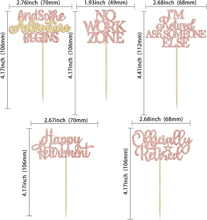 Gyufise 30PcsHappy Retirement Cupcake Toppers Officially Retired Cupcake Picks No Work Zone Adventure Begins Cake Decorations for Retirement Theme Farewell Birthday Party Decor Supplies Rose Gold