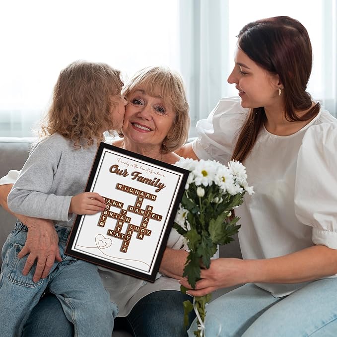 Custom Scrabble Family Name Frame Gifts from Daughter Nana Scrabble Puzzle Sign Wall Art, Grandkid Crossword Tiles Plaque, Letter Sign with Pet Dog & Cat Names, Mothers Day Birthday Gifts for Mom, Kids, Families Wall Decor