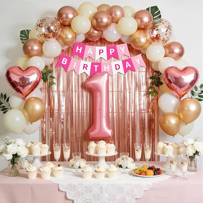 1st Birthday Decorations for Baby Girl, Retro Blush and Hot Pink Party Supplies Set with Happy One Banner, Rose Gold Number 1 Balloon and Foil Fringe Curtains, 1 Year Old Celebration Kit