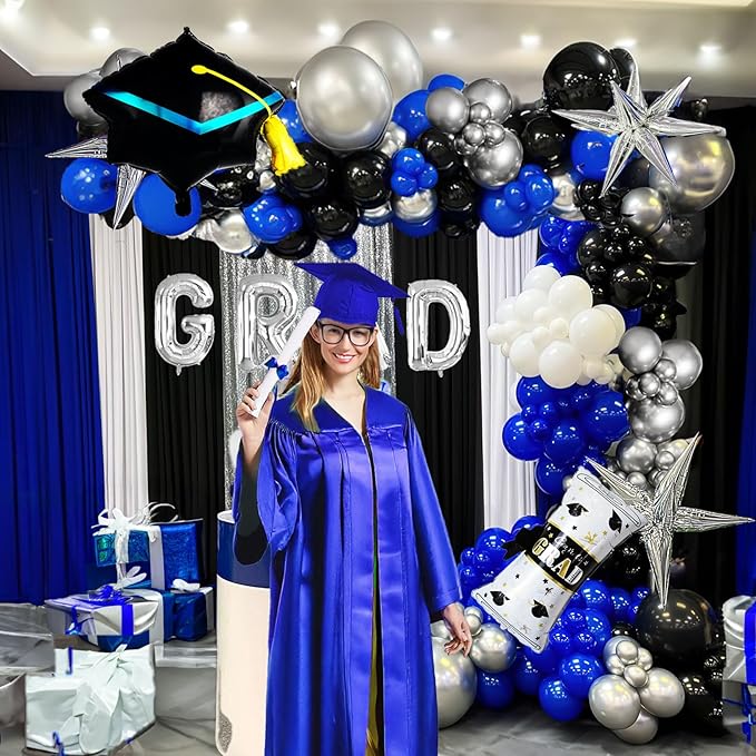 Royal blue and black white silver balloon kit 110PCS with graduation cap star letters Balloons for Congratulations Class of 2026 Graduation Party Decorations Grad Ceremony Prom Party Decorations