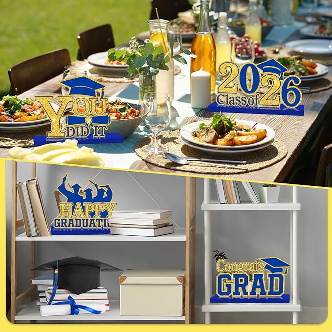4Pcs Graduation Decorations Class of 2026 Wood Table Centerpieces Congrats Grad Wooden Sign Graduation Table Toppers Congratulate Tiered Tray Decor for 2026 Graduation Party(Blue-Gold)