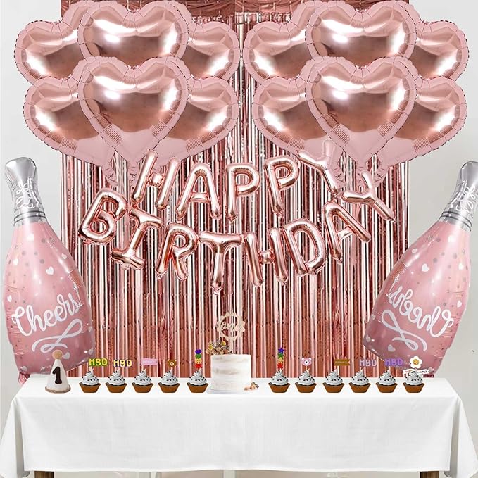 Rose Gold Balloons Foil Curtains 29 Pcs Rose Gold Party Decor Rose Foil Helium Wine Balloons Boy Birthday Party Decorations for Girls Women Party Supplies