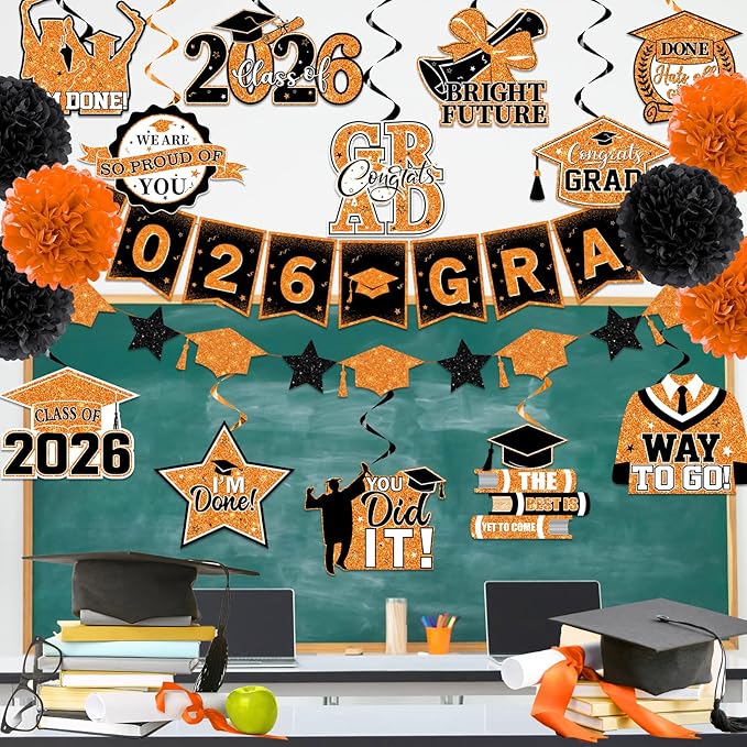 Orange and Black Graduation Decorations, 2026 Grad Banner and Congrats Grad Hanging Swirls, Orange Graduation Banner Graduations Hanging Swirls College Graduations Party Decorations Class of 2026