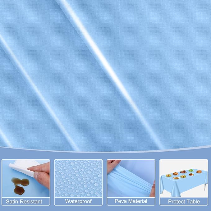 3 Pack Plastic Light Blue Tablecloth, 54 X 108Inch Disposable Baby Blue Scalloped Dessert Tablecoth for Rectangle Table Waterproof Spring Table Cover for BBQ Picnic Wedding Birthday Baby Shower Decor