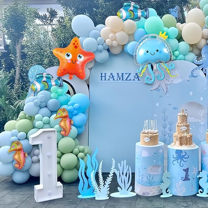 Under the Sea Party Decoration,162Pcs Mix Sky Royal Blue Balloon Arch Kit with Bubbles Starfish Shark Jellyfish Foil Balloon for Sea Animal Ocean Theme Birthday Baby Shower Beach Pool Party Supplies