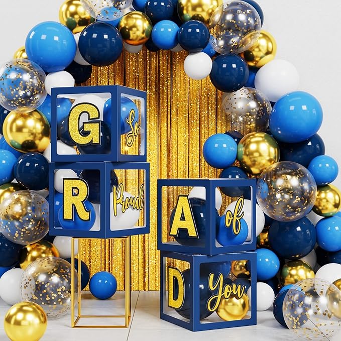 Graduation Party Decorations Class of 2026, 86PCS Blue & Gold Graduation Party Supplies High School College Grad Balloon Boxes with Letter, Foil Curtains, LED String Light, Balloon Garland Kit