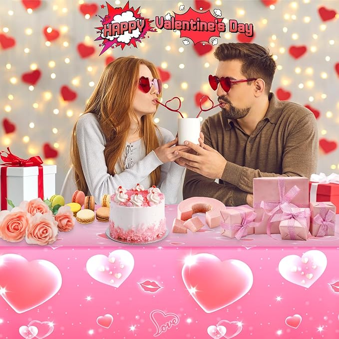 3 Pcs Valentines Day Tablecloth - Pink Heart Love Valentine Table Cloth Disposable, Plastic Rectangle Valentine's Table Cover for Valentine Day Wedding Anniversary Party Supply Tables Decor,108"x54"