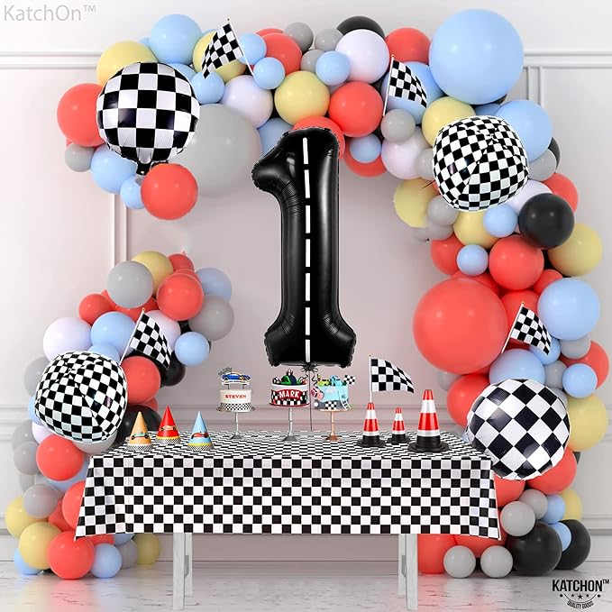KatchOn, Giant, Checkered 1 Balloon - 40 Inch | Black Number 1 Road Balloon | Fast One Birthday Decorations for Boys | One Happy Dude Balloons, 1 Happy Dude Birthday Decorations | Race Car 1 Balloon