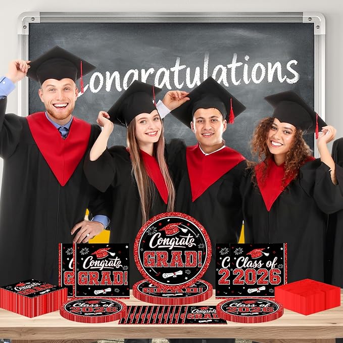 Graduation Decorations 2026 Graduation Party Plates and Napkins Set Black Red Class of 2026 Graduation Party Supplies for Congrats Grad Party Decor, Serve 50