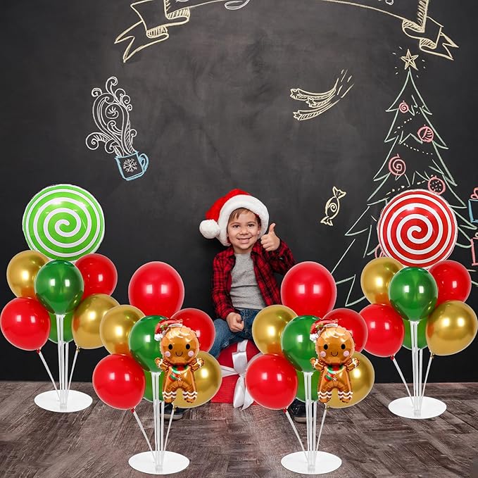 4 Sets Christmas Party Balloons Stand Kit with Gingerbread Man Candy Foil Balloons Party Balloon Centerpiece for Tables for Xmas Holiday Birthday Party Christmas Themed Decorations