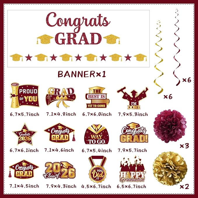 Maroon Graduation Decorations 2026, Glitter Congrats Grad Banner Hanging Swirls and Tissue Pom Poms, Maroon and Gold Graduation Decorations for Class of 2026 College Graduations Party Decorations