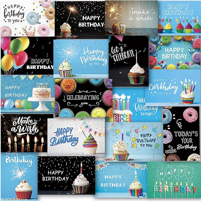 120 Happy Birthday Cards with Envelopes, Birthday Cards Bulk with Short Generic Message Inside, 20 Unique Designs, 4x6 inches, Birthday Cards Assortment for Business and Personal