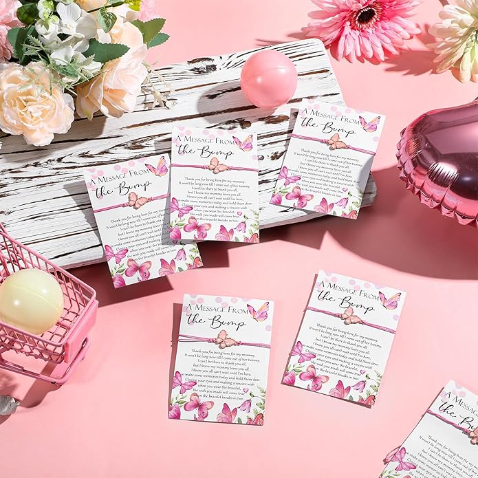 Ferreve Baby Shower Favors for Guests Bulk, 50 Pack Butterfly Wish Bracelets with “A Message from the Bump” Cards, Baby Shower Party Favors for Gender Reveal