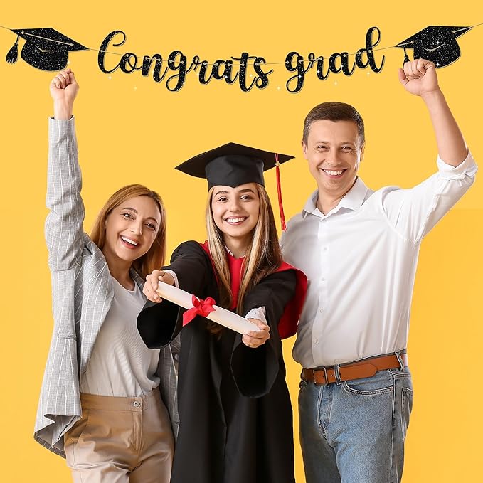 Congrats Grad Banner - 9 ft Black Pre-Strung Congrats Grad Banner, Graduation Party Decorations & Decor for Elementary, 5th Grade, 8th Grade, High School, College, Congrats Grad Sign