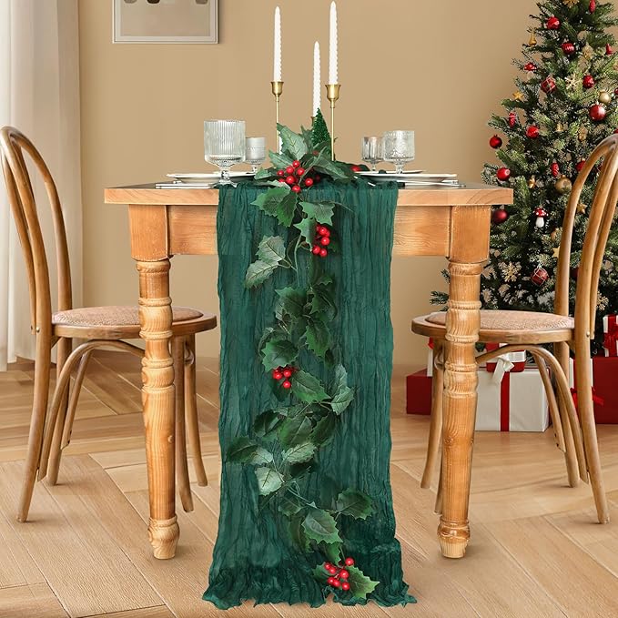 Christmas Table Runner, 10FT Cheesecloth Emerald Green Table Runners 35*120inch Rustic Vintage Table Runner for Christmas Indoor Home Kitchen Table Party Decorations