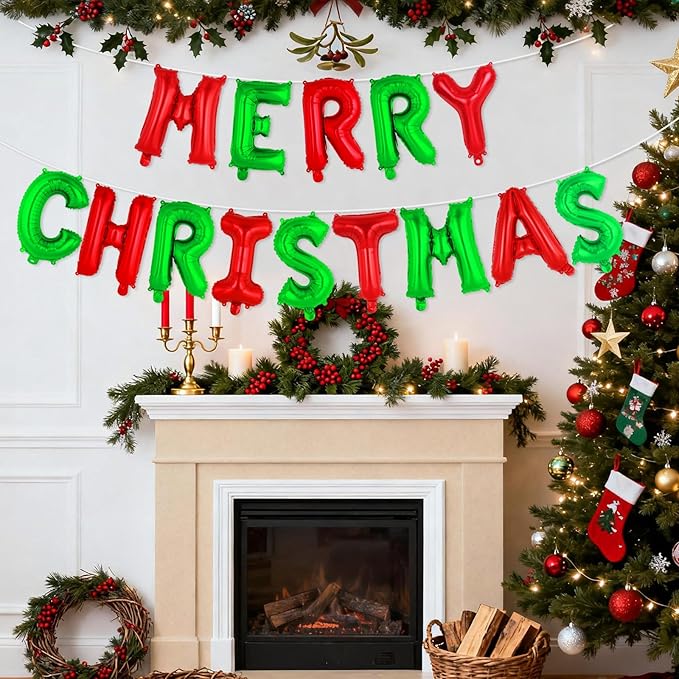 Red and Green Merry Christmas Letter Balloons Banner, Merry Christmas Foil Xmas Balloon for Xmas Party Decorations (Red and Green)