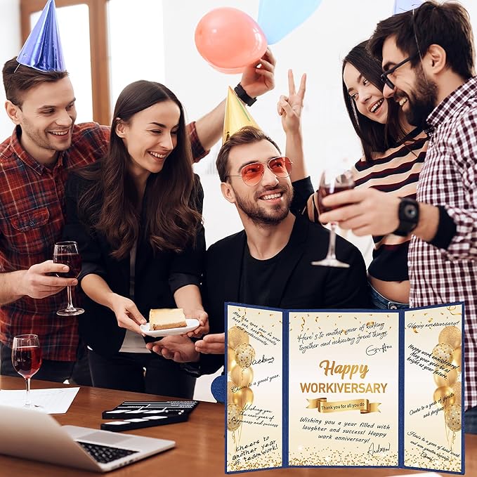 DARUNAXY Blue Gold Happy Workiversary Party Decorations, Happy Work Anniversary Alternative Signature Guest Book for Men Women Employee Business Gifts Signing Card Board for Office Supplies