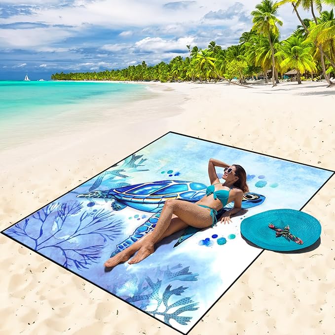 WIWIGO Beach Blanket Waterproof Sandproof Beach Mat 79" X 83"/10'x9'for 2-8 Adults Quick Drying Outdoor Picnic Mat Beach Accessories for Travel, Camping, Hiking