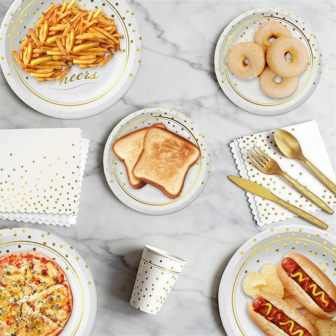 168 Pcs Paper Plates and Napkins Party Supplies, White and Gold Disposable Plates for 24 Guests, Golden Dot Party Plates, Napkins, Cups and Utensils Set for Birthday Wedding Graduation Party Decor
