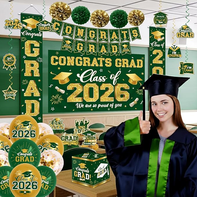 2026 Graduation Decorations - Green Congrats Grad Party Supplies include Card Box, Backdrop, Banner and Balloons for Class of 2026 Decorations Set