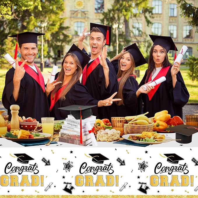 2 Pack White Graduation Tablecloth - Congrats Grad Table Cloths, Plastic Disposable Rectangle Class of 2026 Table Cover for Graduation Tables Decorations Party Decor Supplies Favors,108 x 54 Inch
