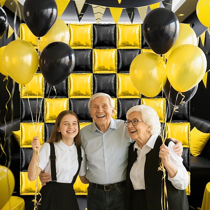 50 PCS Black and Gold Square Foil Balloons Wall Backdrop 19 Inch DIY Reusable Mylar Balloons Tunnel Garland Arch Kit for Graduation 2026, Retirement, Birthday, Anniversary Party Decorations