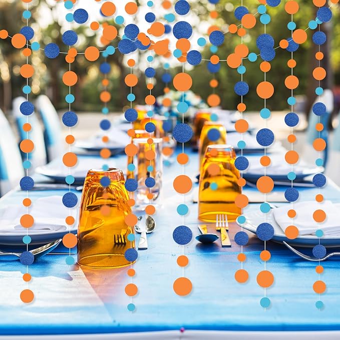 Outus 5 Pieces Round Dots Garland Valentine Easter Party Hanging Decor Each Length 13.1ft Glitter Paper Dot Streamers for Birthday Wedding Classroom (Orange, Blue)